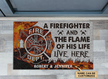 Load image into Gallery viewer, Personalized Firefighter Flame Live Here Doormat