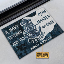 Load image into Gallery viewer, Personalized Navy Veteran Live Here Blue Custom Doormat