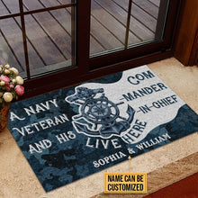 Load image into Gallery viewer, Personalized Navy Veteran Live Here Blue Custom Doormat