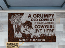 Load image into Gallery viewer, Personalized Cowboy And Cowgirl Live Here Leather Customized Doormat