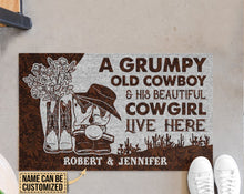 Load image into Gallery viewer, Personalized Cowboy And Cowgirl Live Here Leather Customized Doormat