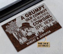Load image into Gallery viewer, Personalized Cowboy And Cowgirl Live Here Leather Customized Doormat