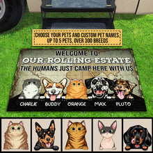 Load image into Gallery viewer, Camping Dog, Cat, Pet, Camper, RVs, Welcome Rolling Estate Custom Doormat
