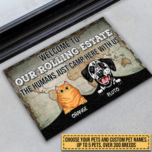 Load image into Gallery viewer, Camping Dog, Cat, Pet, Camper, RVs, Welcome Rolling Estate Custom Doormat
