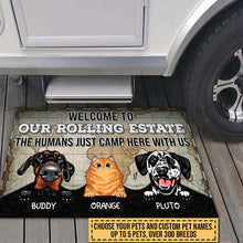Load image into Gallery viewer, Camping Dog, Cat, Pet, Camper, RVs, Welcome Rolling Estate Custom Doormat
