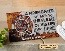 Load image into Gallery viewer, Personalized Firefighter Flame Live Here Doormat
