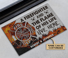 Load image into Gallery viewer, Personalized Firefighter Flame Live Here Doormat

