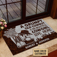 Load image into Gallery viewer, Personalized Cowboy And Cowgirl Live Here Leather Customized Doormat
