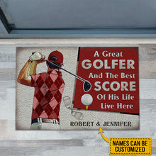 Load image into Gallery viewer, Personalized Golf Red Couple Golfer Best Score Live Customized Doormat
